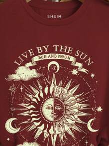 SHEIN LUNE Sun & Moon Print Tee LIVE BY THE SUN SUN AND MOON - Red - View 4