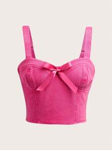 SHEIN MOD Nơ mặt trước Hai Dây Tops Denim - Hồng - Xem 1