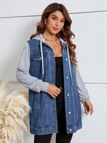 EMERY ROSE EMERY ROSE Colorblock Drawstring Hooded Denim Jacket, Fall Women Clothes - Medium Wash - View 4
