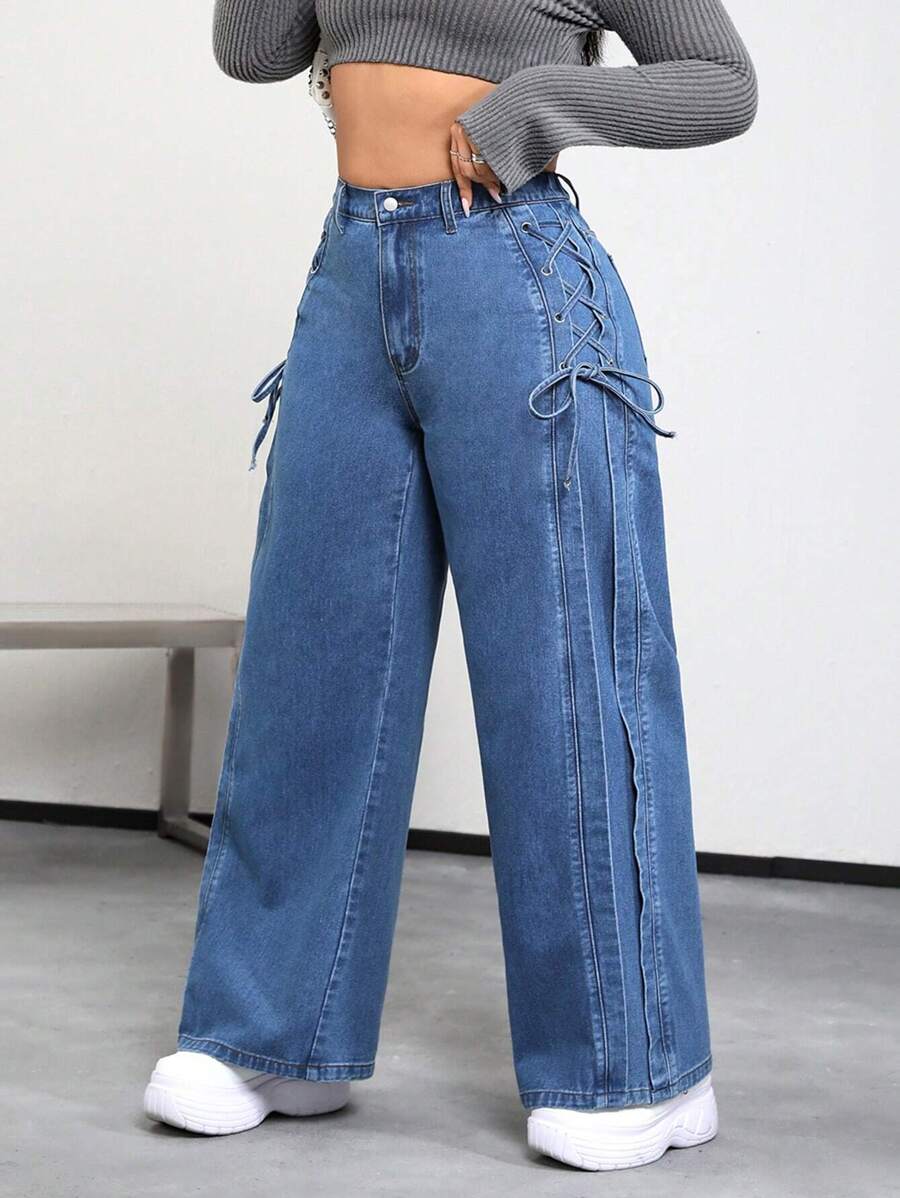 SHEIN ICON Plus Lace Up Side Wide Leg Jeans - Medium Wash - View 1