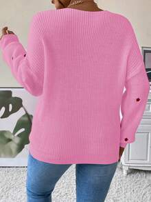 Calvaya 大碼愛心刺繡睫毛蕾絲邊落肩袖套頭毛衣 - 粉色 - 查看 2