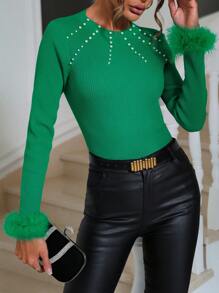 Zolique Pearls Beaded Fuzzy Cuff Sweater Knit Pullover Fall Winter Outfit - Green - View 4