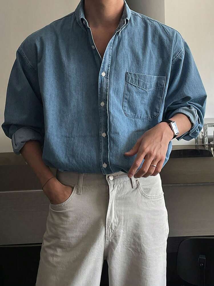 Men Patched Pocket Denim Shirt,Fall Clothes