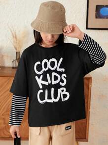 SHEIN 男大童標語圖案假兩入組T恤 - 黑色 - 查看 6