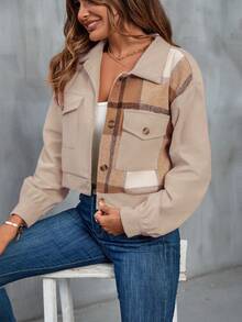 SHEIN LUNE Plaid Print Drop Shoulder Flap Pocket Jacket - Khaki - View 5