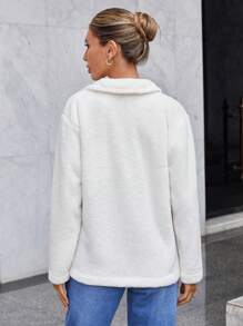 EURMUSE Flap Pocket Drop Shoulder Teddy Coat - White - View 2