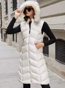 RueChic Solid Hooded Puffer Vest Coat - Beige - View 5