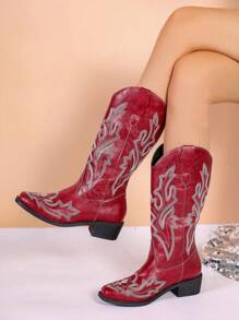2024新款女士秋冬時尚通配PU繡花粗跟西部風格休閒騎士中筒靴，女式牛仔靴 - 紅色 - 查看 2