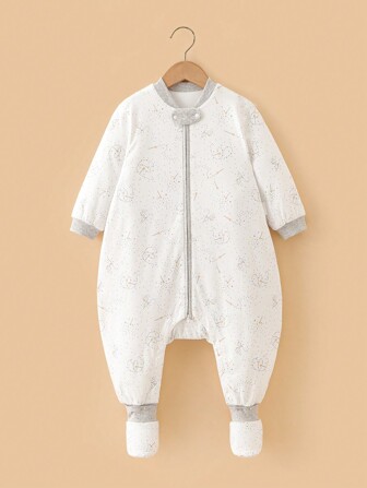 女嬰卡通圖案撞色飾邊棒球領足連身褲