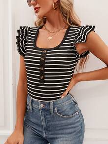 SHEIN LUNE Striped Print Ruffle Trim Tee - Black - View 6