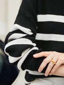 BizChic 女士黑白条纹落肩毛衣，秋冬季宽松休闲针织衫，长袖上衣