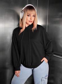 SHEIN EZwear 大码标语印花落肩卫衣 - 黑色 - 查看 5