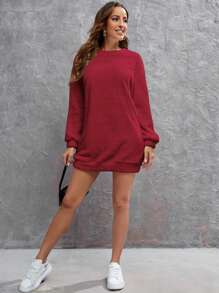 SHEIN LUNE Solid Drop Shoulder Teddy Sweatshirt Dress - Burgundy - View 6