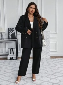 SHEIN Franclia Plus Double Breasted Blazer & Pants - Black - View 5
