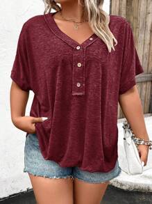 SHEIN LUNE Plus Button Front Batwing Sleeve Tee - Burgundy - View 3