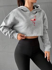 EURMUSE Flamingo Embroidered Drop Shoulder Crop Hoodie - Grey - View 5