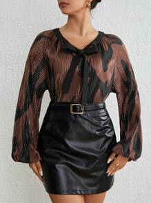 SHEIN Privé Colorblock Knot Front Lantern Sleeve Blouse - Coffee Brown - View 4