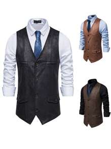 Men Button Front Waistcoat - Khaki - View 1