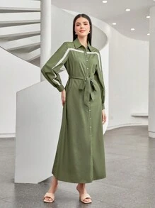 Seusyu Contrast Panel Belted Shirt Dress - Army Green - View 3