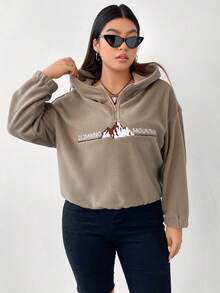 Flirla Plus Letter Graphic Drop Shoulder Hooded Fleece Sweatshirt - Apricot - View 3