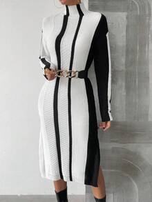 SHEIN Frenchy Striped Pattern Split Thigh Sweater Dress Without Belt - Black and White - View 4