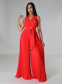 Button Front Pleated Hem Belted Pleated Wide Leg Jumpsuit - Red - View 1