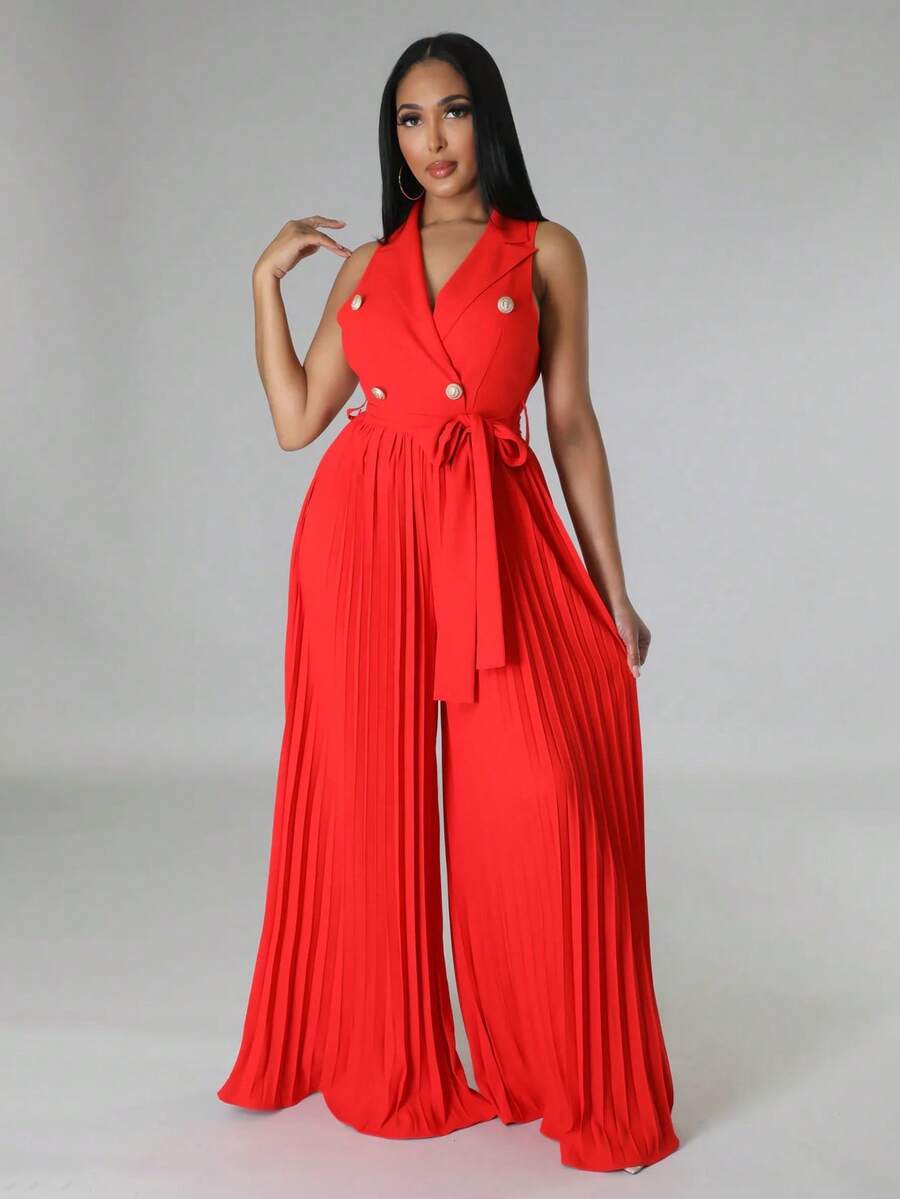 Button Front Pleated Hem Belted Pleated Wide Leg Jumpsuit - Red - View 1