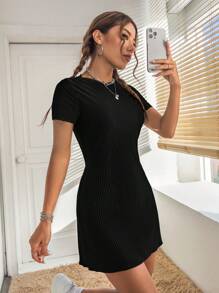 SHEIN PETITE 素色條紋針織T恤洋裝 - 黑色 - 查看 3