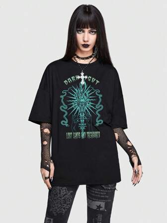 Goth Drop Shoulder T-Shirt mit Buchstabengrafik ohne Ärmel