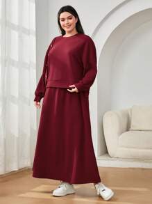 Mulvari Burgundy Red Plus Drop Shoulder Button Detail Sweatshirt & Skirt