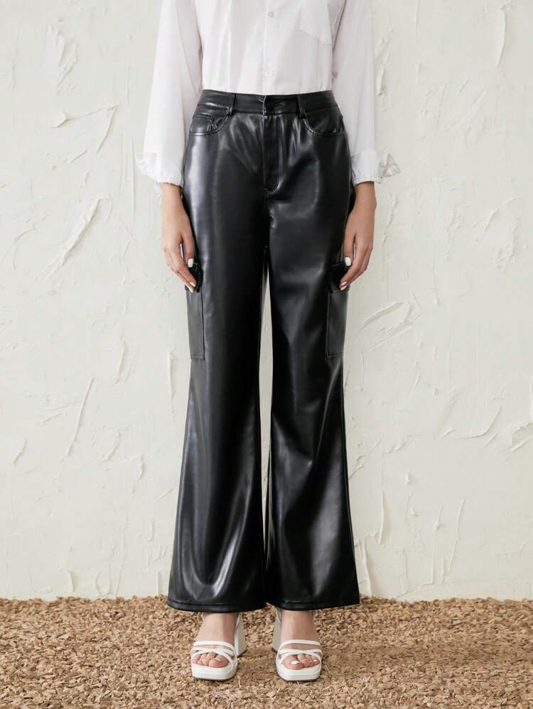 Solid Flare Leg PU Leather Pants Fall Cloth For Women