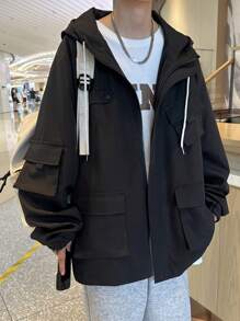Manfinity Hypemode Loose Men's Hooded Jacket With Flap Pockets, Drop Shoulder And Drawstring Detail - Black - View 6