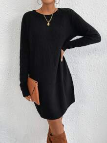 EMERY ROSE Solid Round Neck Sweater Dress Fall Winter Cloth For Women - Black - View 4