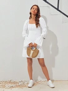 Soleia Solid Square Neck Flounce Sleeve Ruched Bust Dress - White - View 6