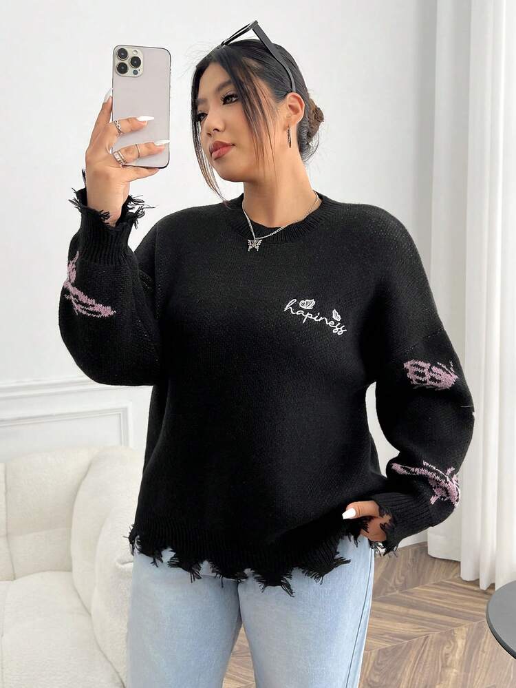 Plus Skeleton Pattern Drop Shoulder Distressed Sweater
