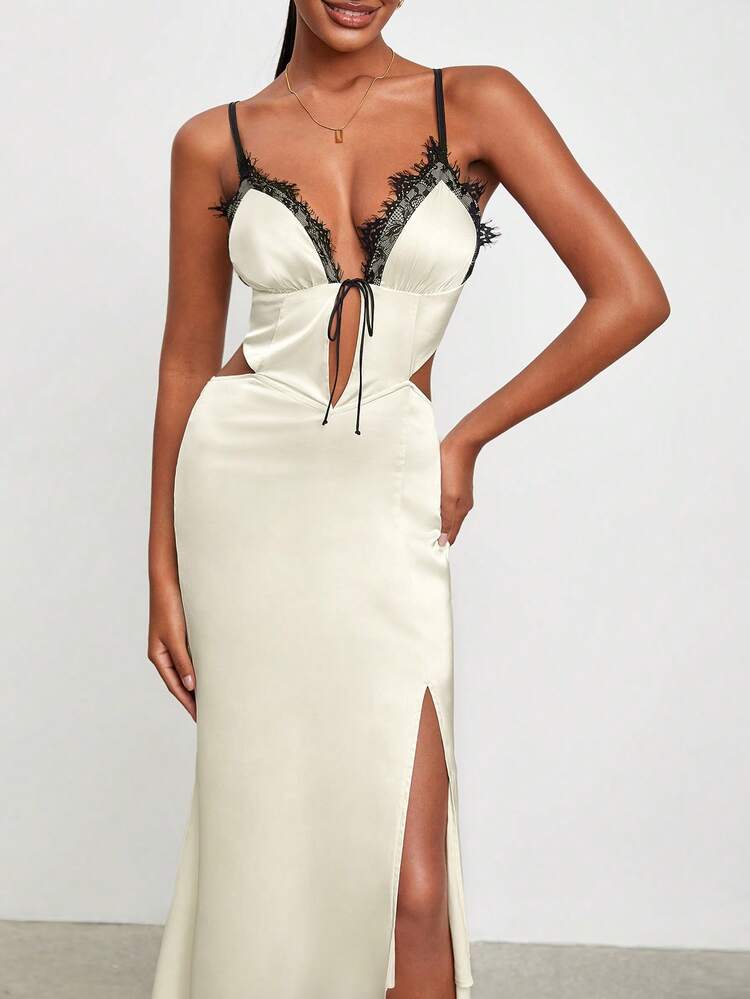 Designer Contrast Lace Tie Front Split Thigh Cami Dress, Elegant White Dress, Holiday, Party, New Years Women Outfit, Birthday Outfits, Festival