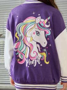 SHEIN 女孩獨角獸印花落肩袖雙色條紋飾邊學院風夾克 - 彩色 - 查看 3