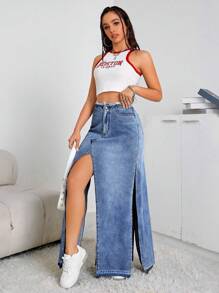 SHEIN EZwear High Waist Split Thigh Denim Skirt - Medium Wash - View 1