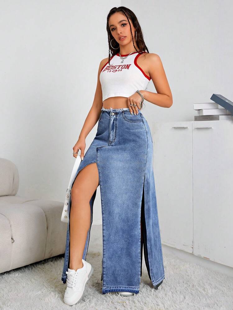 High Waist Split Thigh Denim Skirt