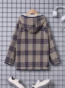 SHEIN 男大童格紋雙口袋插肩袖連帽粗呢大衣 - 彩色 - 查看 2