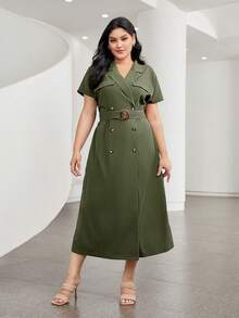 Mulvari 大碼西裝領雙排釦繫腰帶洋裝 - 軍綠色 - 查看 6