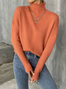 SHEIN Essnce High Neck Drop Shoulder Jumper - Orange - View 1