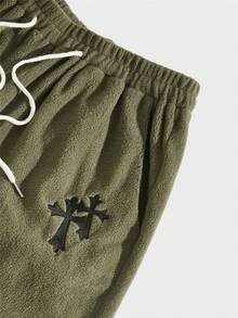 ROMWE MEN Prep Men Cross Embroidered Contrast Pocket Patched Fleece Pants - Army Green - View 4