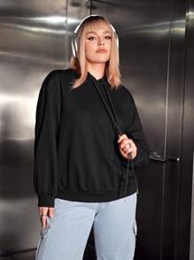 SHEIN EZwear 大码标语印花落肩卫衣 - 黑色 - 查看 3