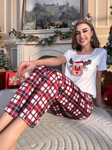 圣诞麋鹿和格子印花睡衣套装/睡衣套装 - 紅色 - 查看 4