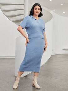 Mulvari Plus Sailor Collar Sweater & Knit Skirt 2 Piece Set - Baby Blue - View 4