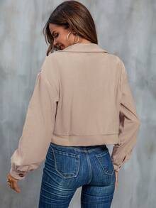 SHEIN LUNE Plaid Print Drop Shoulder Flap Pocket Jacket - Khaki - View 2