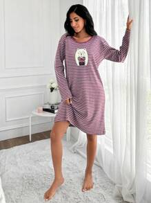 EURMUSE Striped & Cartoon Flocking Drop Shoulder Nightdress - Purple - View 4