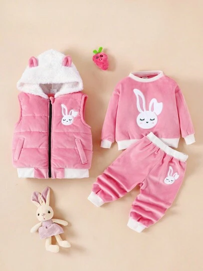 女嬰卡通圖案毛絨內襯連帽夾克和運動褲&夾克背心