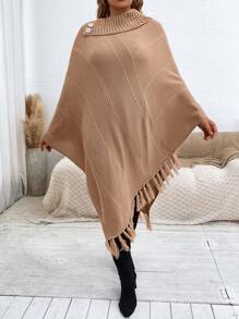 Calvaya 大碼高領蝙蝠袖流蘇邊針織斗篷 - 駝色 - 查看 4